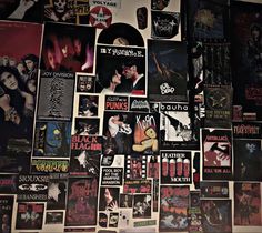 Cool Band Posters For Room, Poster Wall Layout Ideas, Emo Posters Wall, Punk House Decor, Poster Filled Room, Emo Room Ideas, Punk Home Decor, Emo Room Decor, Emo Room