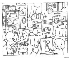 a black and white drawing of an artist's studio with teddy bears in it