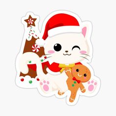 a white cat with a santa hat holding a teddy bear in its paws sticker