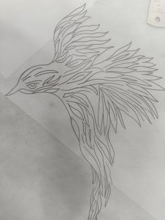 a drawing of a bird with feathers on it's head and wings spread out