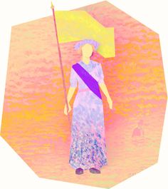 a woman holding an umbrella standing in front of a yellow and pink background with water