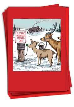 three red cards with an image of two deer and a sign that says electric parking only