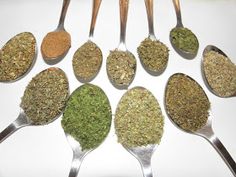 seven spoons filled with different types of herbs