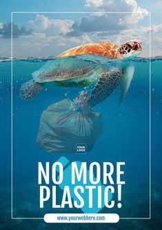 a turtle swimming in the ocean with a plastic bag on it's back that says no mas plastico