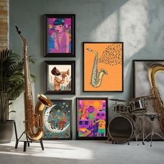 there are many different pictures on the wall next to each other, including saxophones and drums