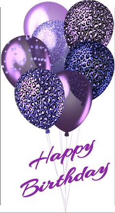 a bunch of balloons with the words happy birthday written on them in purple and black