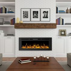 a living room with a fire place and bookshelves on the wall above it