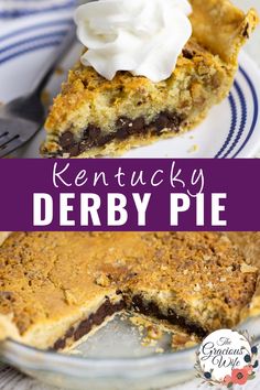 a close up of a pie on a plate with the words kentucky derby pie above it