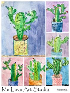 four different cactus paintings with the words me love art studio written in chinese and english