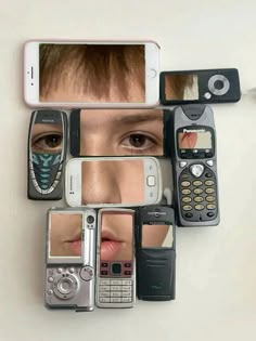 a woman's face is surrounded by cell phones