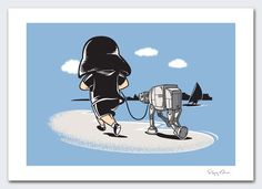 a person walking a dog with a star wars character on it's back,