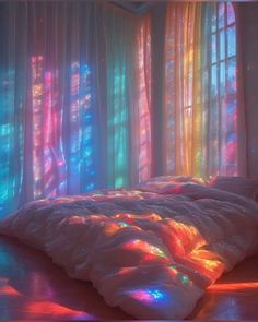 an image of a bed that is in front of the window with colorful lights on it