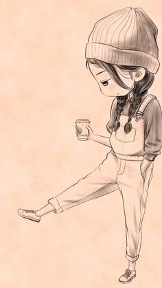 a drawing of a girl in overalls and a hat holding a glass of coffee