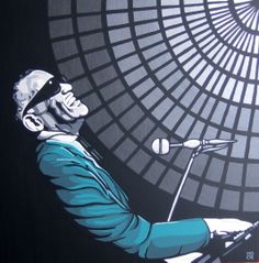 a painting of a man with a microphone in front of a circular design on the wall