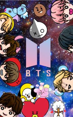 bts wallpaper with cartoon characters and stars in the background, including an i love bt