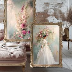 two framed pictures with flowers on them in front of a pink couch and white brick wall