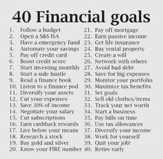 a newspaper article with the words 40 financial goals written in black and white on it