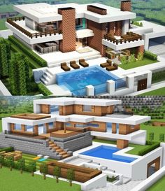 this is an image of a modern house in the style of minecraft with pool and hot tub