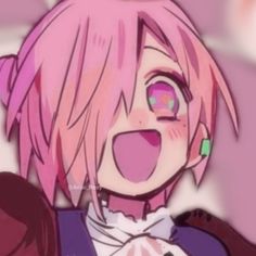 an anime character with pink hair is making a funny face