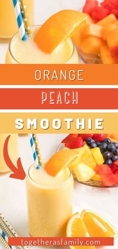 an orange peach smoothie is shown in this recipe