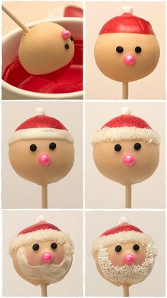 four pictures of santa claus's face on lollipops with pink noses