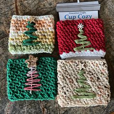 three crocheted coasters with christmas trees on them