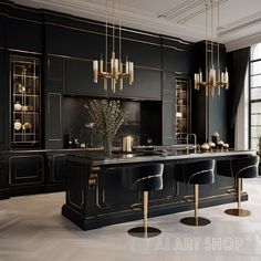 an elegant kitchen with black cabinets and gold accents