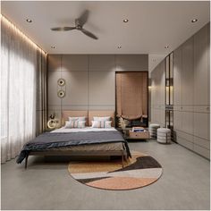 a bedroom with a bed, dressers and ceiling fan in it's center