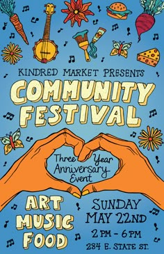 a poster for the community festival with hands making a heart and music notes on it