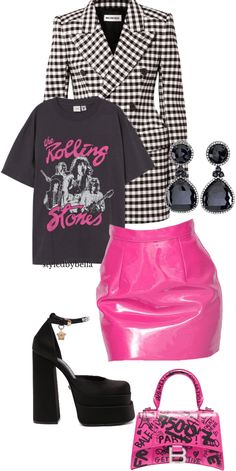 Versace Platforms Outfit, Black Barbie Inspired Outfits, What To Wear With Pink Skirt, Barbie Black Outfit Ideas, Pink Outfits Ideas Party, Versace Heels Outfit Ideas, Black And Pink Style Outfit, Barbie Winter Outfit Ideas, Rock Skirt Outfit