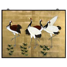 PRICES MAY VARY. Dimensions: 48"W x 1"D x 36"H Delicately hand-painted cranes scenery Beautiful hand-applied gold-leaf finish background Brings serenity and tranquility to any space Brass hangers included White Glove Service to Ground Floor is Included Due to hand painted process, please allow sight variance for each piece. The crane, seen in this piece, is a symbol of peace, longevity and happiness in Chinese culture. Exquisitely hand painted on gold-leafed wood. Matching brass hangers are incl Asian Bedroom Decor, Chinese Wall Art, Asian Wall Art, Chinese Wall, Crane Design, Asian Furniture, Asian Painting, Mural Wall, Gold Leaf Painting