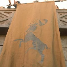 a towel with a horse on it is hanging from a clothes line and people are standing in the background