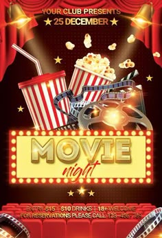 a movie night flyer with popcorn, sodas and movies on the stage for an event