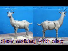 two statues of deer standing next to each other in front of a blue wall with the words deer making with clay