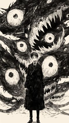 a man standing in front of a bunch of monsters