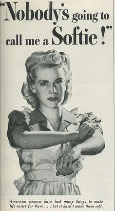 an old advertisement from the 1950's shows a woman with her arms crossed