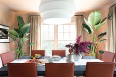 a dining room table surrounded by chairs and potted plants