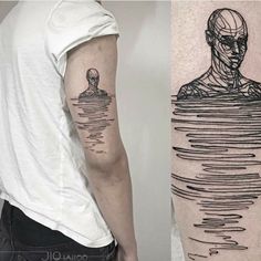 a man with a tattoo on his arm next to an image of a person in the water