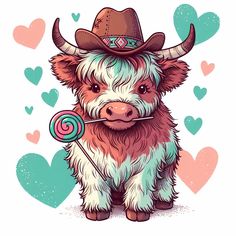 a cow wearing a cowboy hat and holding a lollipop in it's mouth