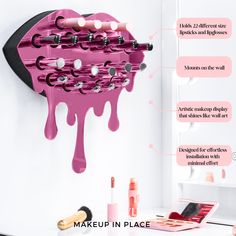 Makeup Artist Room Luxe, Lipstick Storage Ideas, Perfume Wall Display, Lipstick Decor, Loft Decorating, Vanity Room Decor, Makeup Vanity Decor, Girls Room Wall Decor, Lipstick Organizer