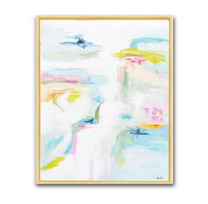 an abstract painting with blue, yellow and pink colors on white paper in a gold frame