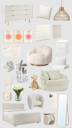 a collage of white furniture and accessories