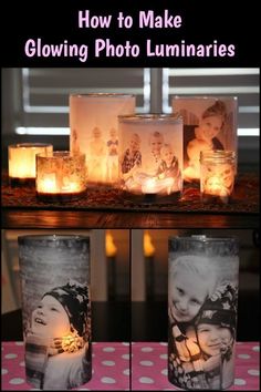 how to make glowing photo luminaries in mason jars with candles and pictures on them