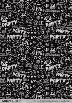 a black and white halloween themed background with the words party written in white on it