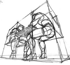 a drawing of two people standing in front of a structure that has been constructed into it