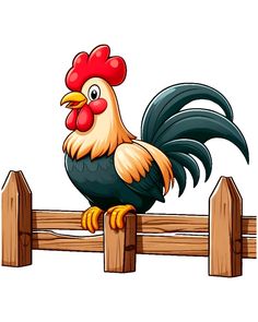 a cartoon chicken sitting on top of a wooden fence with his tail hanging over it's head