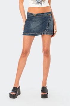 Wrap Low-Rise Denim Mini Skirt – edikted Mini Skirt Denim, Casual Denim Skirt, Denim Wrap Skirt, Keds Style, Denim Miniskirt, European Summer Outfits, Wrap Mini Skirt, Skirt Denim, Swimwear Dress