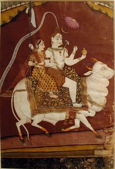 an old painting of a man riding on the back of a white cow with a pink umbrella