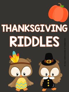 thanksgiving riddles for kids with an owl and turkey on the front, one is wearing a pilgrim's hat