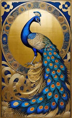 a painting of a blue and gold peacock